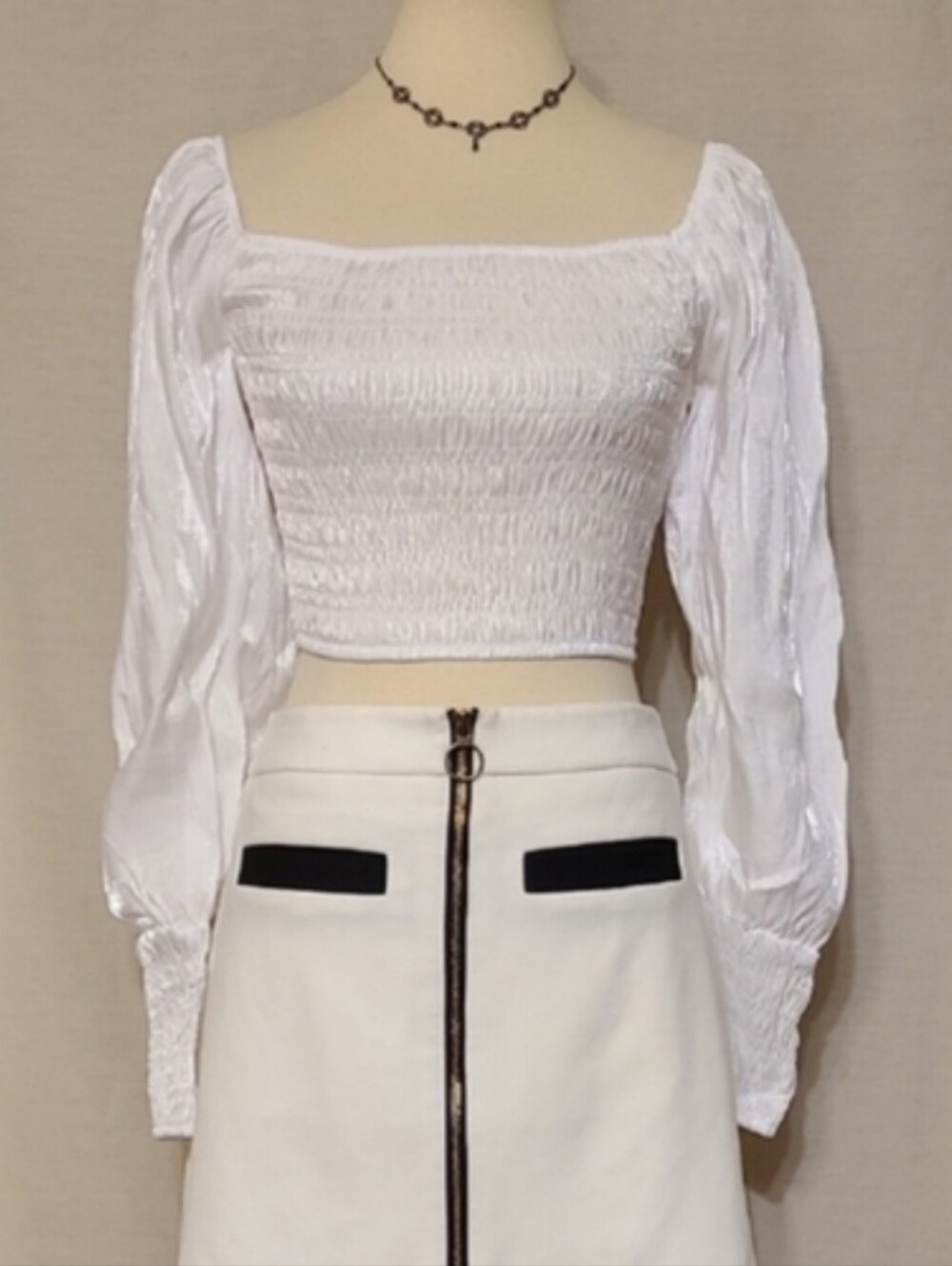 Miss Selfie Chic White Square-neck Long Sleeve Crop Top
